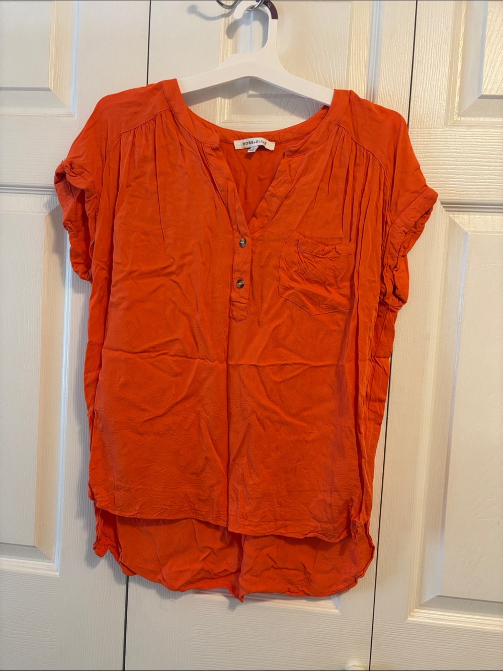 Rose + Olive Bright Orange Short Sleeve  Blouse